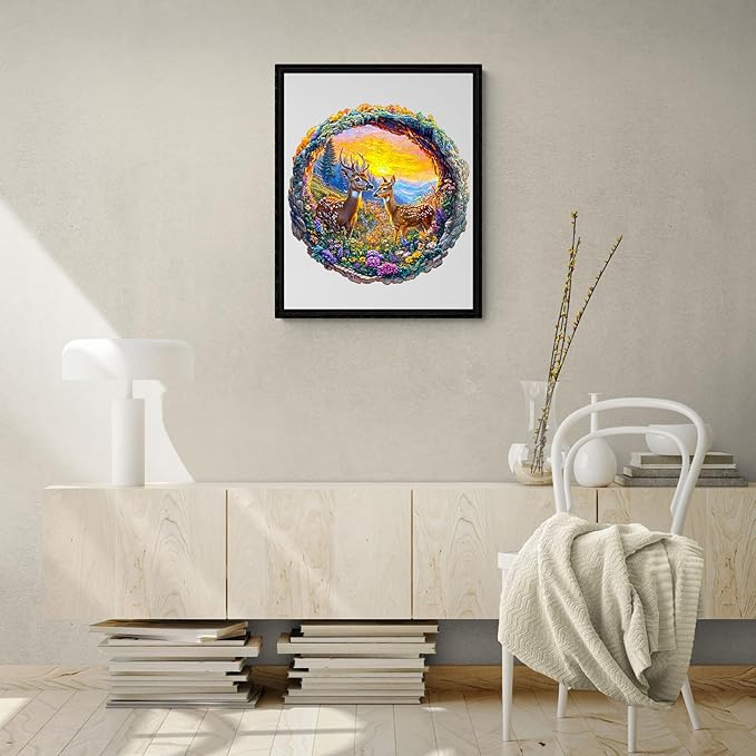 KAAYEE Wooden Puzzles for Adults, 3D Visual Effect Deer and Flowers Wooden Jigsaw Puzzle Unique Shape Wood Puzzle Adult, Birthday Gifts for Puzzle Lovers Family Games (M-11.4 * 11.3in-200pcs)