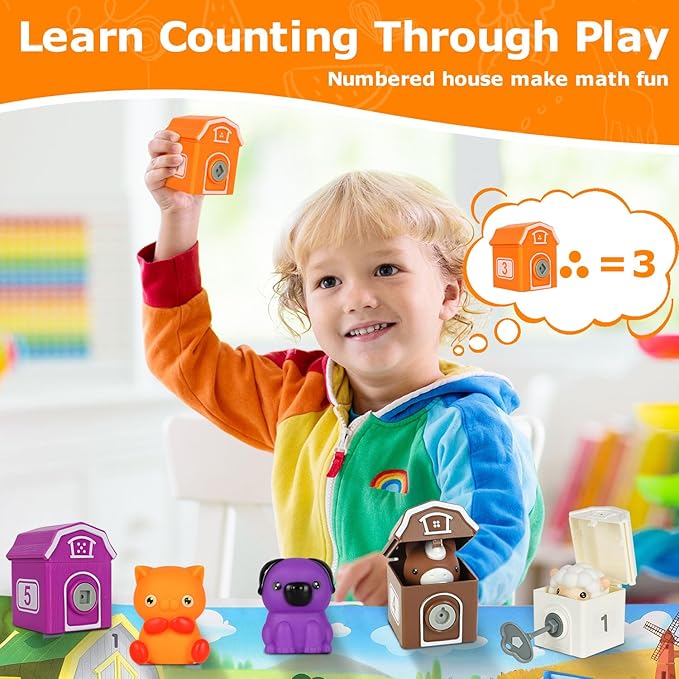 Toddler Learning Toys for 2 3 4+ Year Olds, Counting, Matching & Sorting Montessori Toy with Farm Animals, Playmat, Finger Puppets, Shape Keys and House, Easter Christmas Birthday Gift for Boys Girls