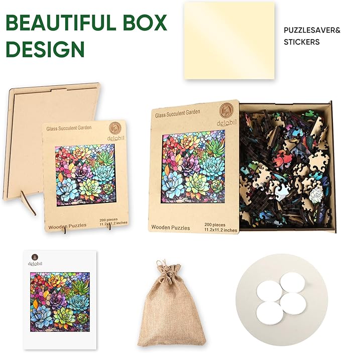delobi Stained Glass Puzzle Succulent Wooden Puzzles for Adults 200 Pieces, Unique Liberty Challenging Jigsaw Puzzles Gift for Friends Family Game Medium Size 11.2'' x11.2''