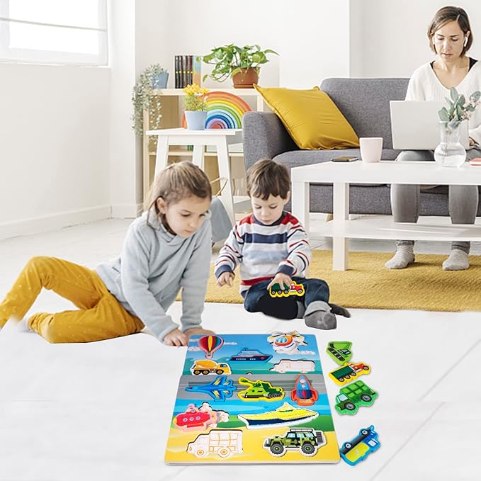 Wooden Peg Puzzle for Toddlers 1-3 Year Old,Funsland Puzzles Gifts Colorful Toys Cartoon Gifts,Farm Zoo Animals Vehicle Arsenal Puzzles (Pack of 4)