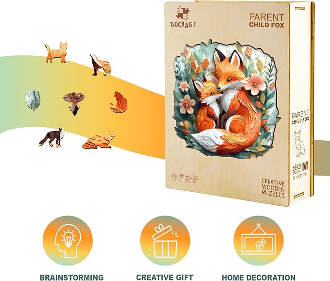 Wooden Puzzles for Adults - Parent Child Fox Wooden Jigsaw Puzzle - Unique Animal Shaped Wood Puzzles Adult - Christmas Birthday Gifts for Adults/Friends/Family - 100pcs 8.5 * 8.3in