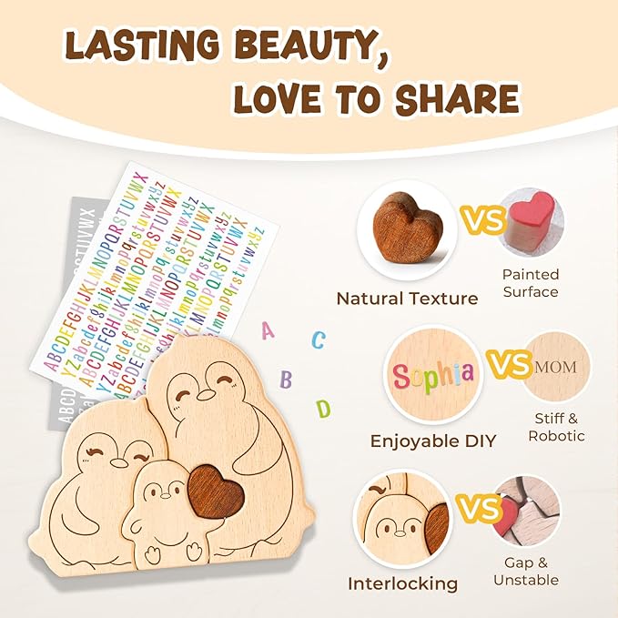 Wooden Penguin Family Puzzle Games, Personalized 4 Name Puzzle for Home Crafts Decor, House Warming Birthday Party Gifts for Mom Dad Grandma Kids New Baby, Wooden Bear Family