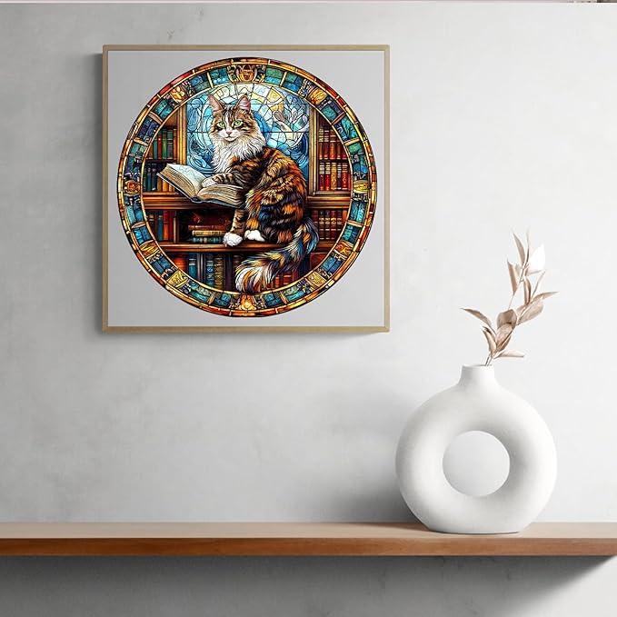 KAAYEE Wooden Puzzles for Adults-3D Visual Effect Maine Cat Library Wooden Jigsaw Puzzles Unique Shape Advanced Wood Puzzle Adults (13.4 * 13.4in 300pcs)