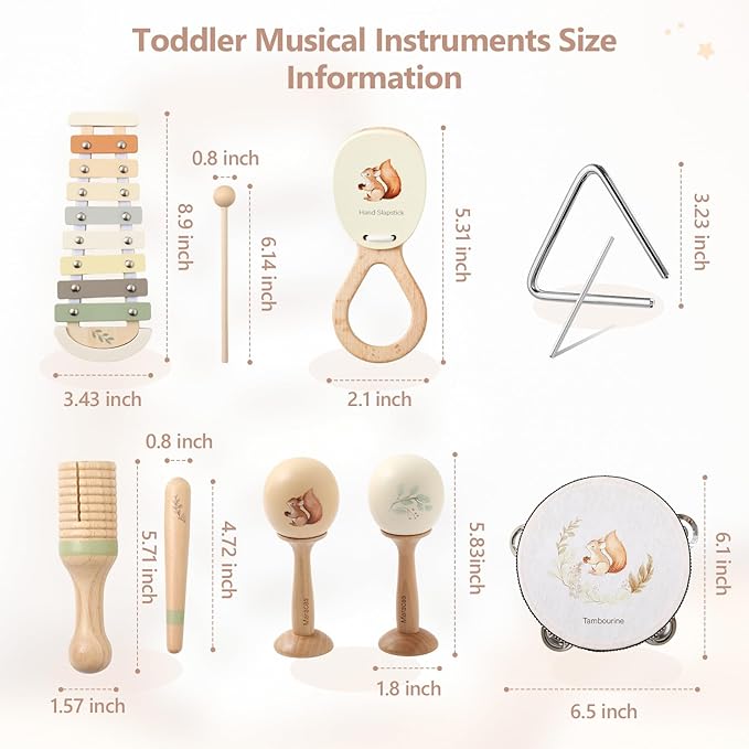 Baby Musical Instruments Set Wooden Montessori Musical Toys for Toddlers Neutral Colors Percussion Instruments Set with Modern Boho Xylophone Tambourine Educational Musical Toys for Preschool Kids