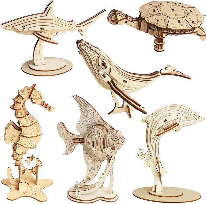 3D Wooden Sea Animal Puzzle - 6 Piece Set Wood Sea Animals Skeleton Assembly Model Kits - Wooden Crafts DIY Brain Teaser Puzzle - STEM Toys Gifts for Kids and Adults Teens Boys Girls