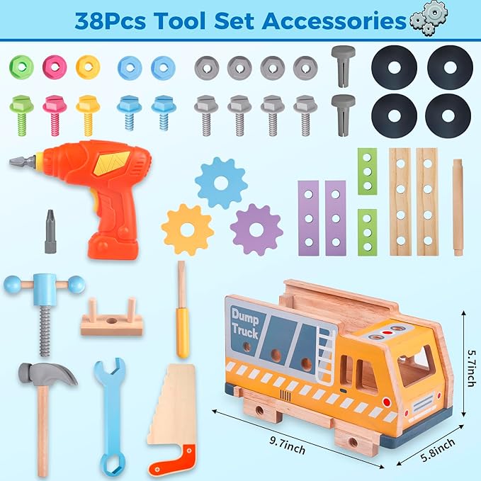 Kids Tool Set Toy with Drill Hammer, 38PCS Wooden Truck Boy Tool Set Construction Sensory Kit STEM Learning Toys, Montessori Pretend Play Boy Girls Kids Birthday Gift for Toddlers 1 2 3 4 5 6