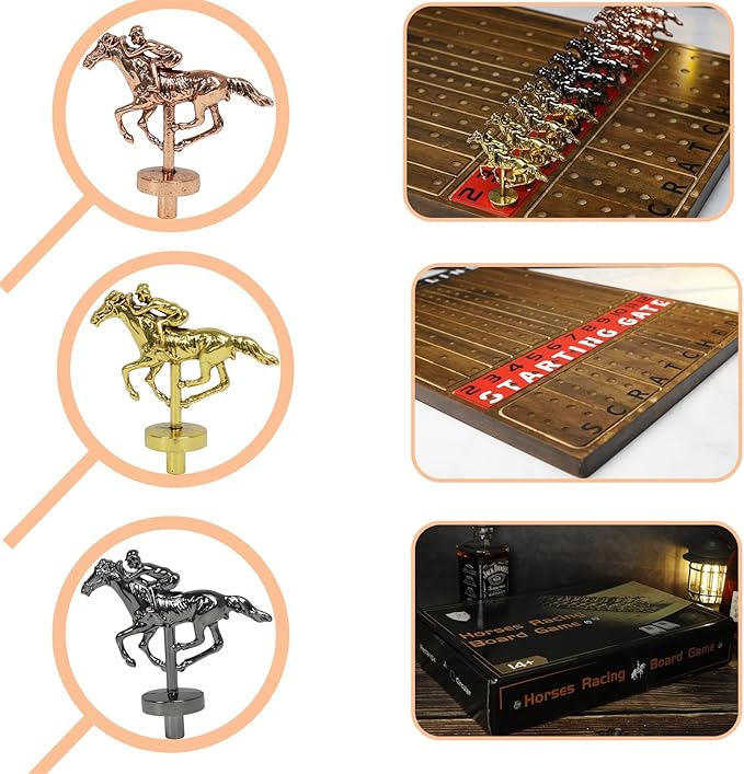 HOROW Horse Racing Game - Wooden Horse Race Board Game with 11 Luxury Metal Horses 2 Dice and 2 Cards，Fast-Paced Strategic for Family Night and Party - Perfect Birthday&Holiday Gifts