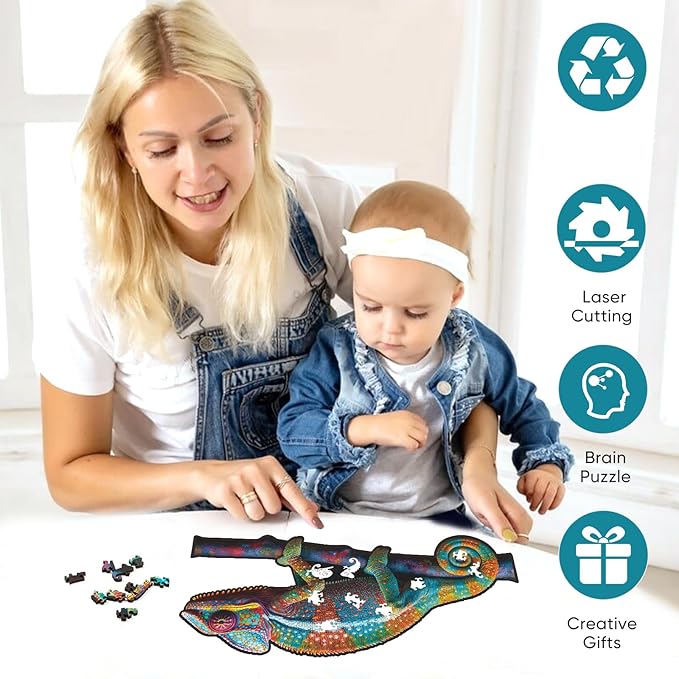 delobil Wooden Puzzles for Adults, Chameleon Jigsaw Puzzles 200 Piece, Unique Shape Puzzles for Adults and Kids, Fun Challenging Puzzles Family Game Gift, Medium Size 15.6 x 7.6 Inches