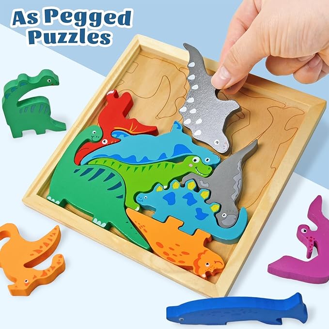 Vileafy 2-in-1 Montessori Toys for Toddlers – Wooden Dinosaur Puzzle and Number Building Blocks for Boys and Girls, Early Educational Pegged Puzzles for Prescgool Toys