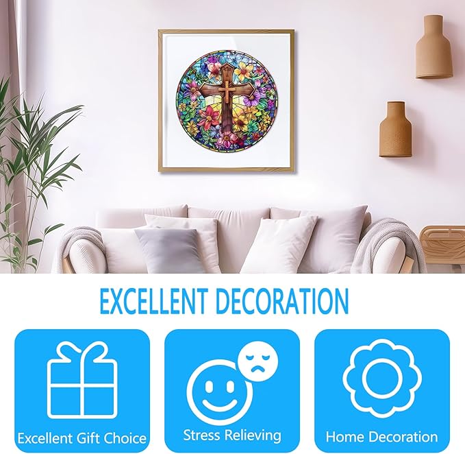 Wooden Puzzles for Adults, Stained Glass Cross Wooden Jigsaw Puzzle for Adults, Colorful Flowers Wood Puzzles Adult, Unique Shape, Fun Gifts for Friends & Family, Home Decor(L -13.4 * 13.4in-300 pcs)
