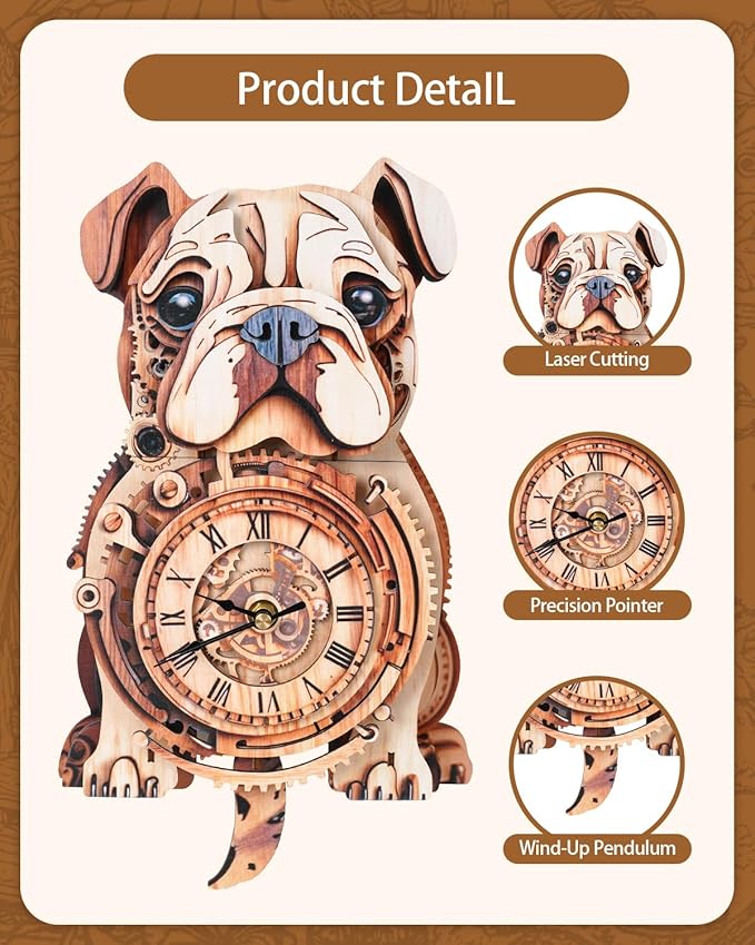 3D Wooden Puzzles for Adults, 3D Puzzles Bulldog Clock(with Pendulum) 32Pcs, Beginners Wooden Puzzle for Adults Teens Home Wall Decor Gift for Women Men