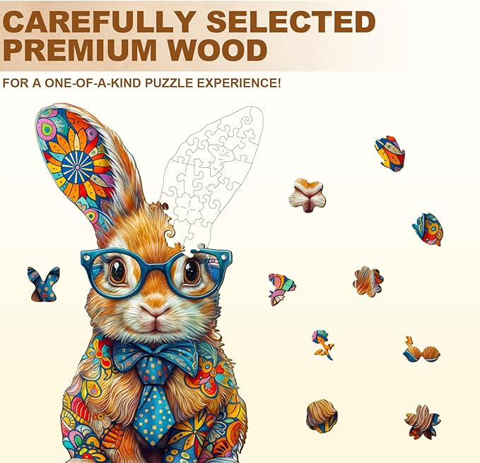 Wooden Puzzles for Adults - Colorful Bunny Wood Puzzles Adult - Unique Animal Shape Wooden Jigsaw Puzzles for Adults - Birthday Gifts for Puzzle Lovers, Family (8.5 * 5in)