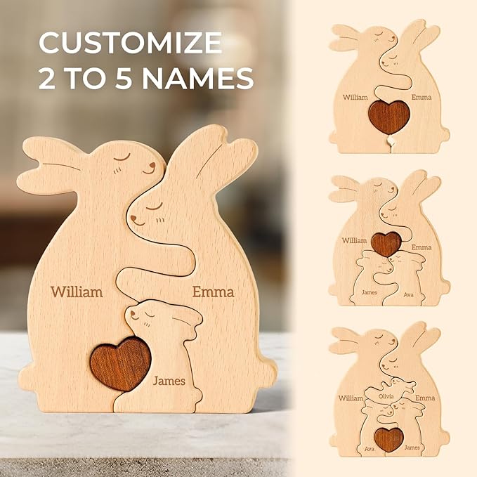 Rabbit Family Puzzle, Personalized Wooden Puzzles with 2–5 Names, Easter Gifts for Kids, Unique Easter Anniversary Wedding Gifts for Women Men, Home Decorations for Family Couple