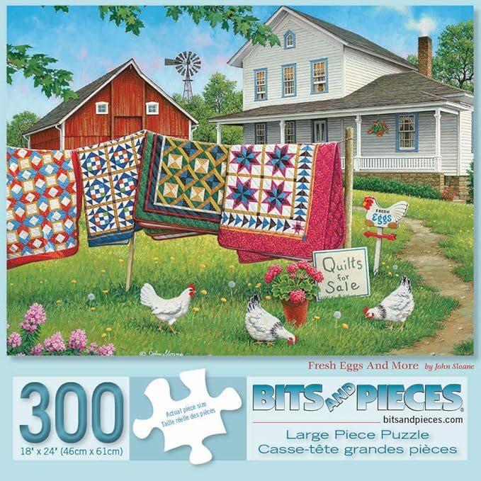 Bits and Pieces – 300 Piece Jigsaw Puzzle for Adults – Fresh Eggs and More - Classic Farmhouse Quilt Jigsaw Puzzle by Artist John Sloane, Completed Puzzle Size: 18" x 24"