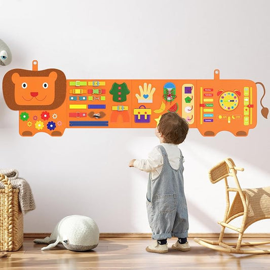 Lion Montessori Busy Board - Sensory Wall Panel for Kids, Felt Activity Cube for Toddlers, Daycare Toys and Playroom Furniture Essentials, Wall Mounted Sensory Board Toy Gift for Boys Girls, 3-6