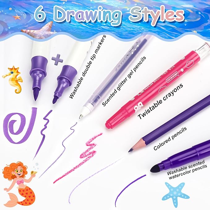 Mermaid Gifts for Girls, Washable Scented Markers Set for Kids, Include Glitter Pencil Case, Markers, Glitter Pens, Crayons 98Pcs Art Supplies Coloring Kit Birthday Christmas Gifts for Girls