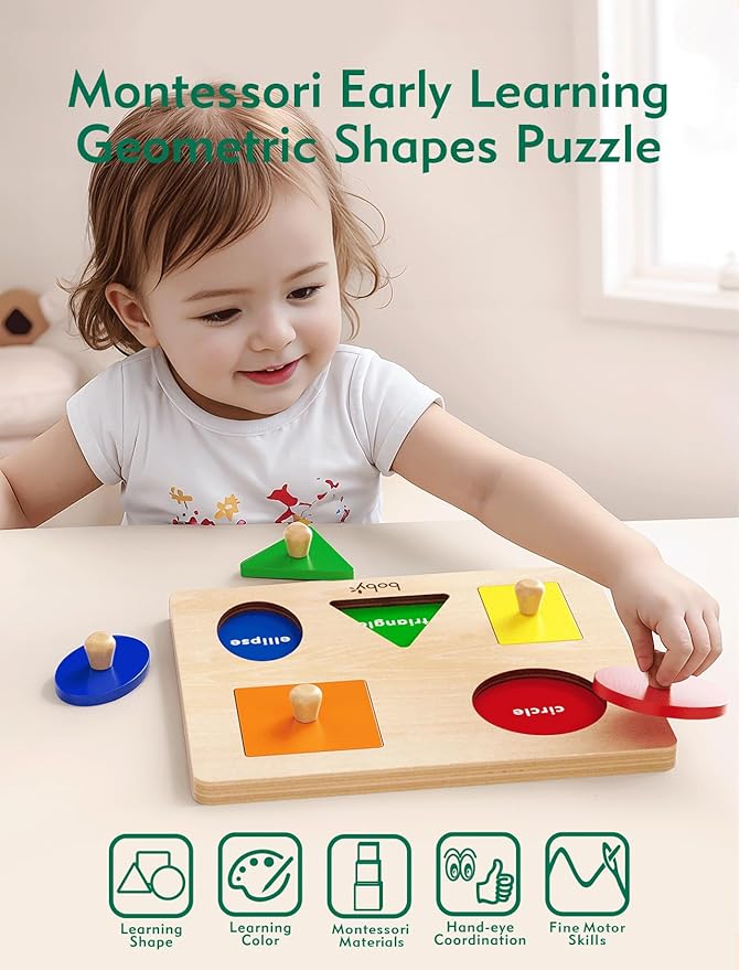 Boby Montessori Wooden Puzzle Board Knob Wooden Puzzle Geometric Shape Puzzle Early Education Material Sensorial Toy for Toddler Shape & Color Sorter (5 Geometry Shape)