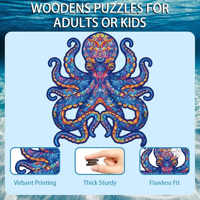 200 Pieces Octopus Wooden Puzzles for Adults, 11.8x11 Inches Octopus Jigsaw Puzzles, Ocean Wood Puzzle, Unique Shape Octopuses Puzzle Gift for Jigsaw Lovers Family Game Home Decor
