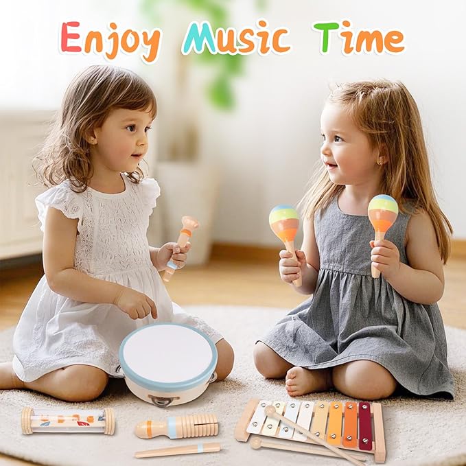 Toddler Musical Instruments Sets, Montessori Wooden Percussion Educational Baby Musical Toys Xylophone Maracas Tambourine for Kids, 2 3 4 Year Old Girls Boys Birthday Gifts