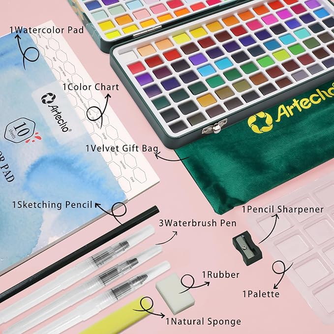 Artecho Watercolor Paint Set 168 Colors, Painting Kit with Watercolor Pad, Brushes and Pencil, Ideal Water Color Kit for Beginners & Professionals
