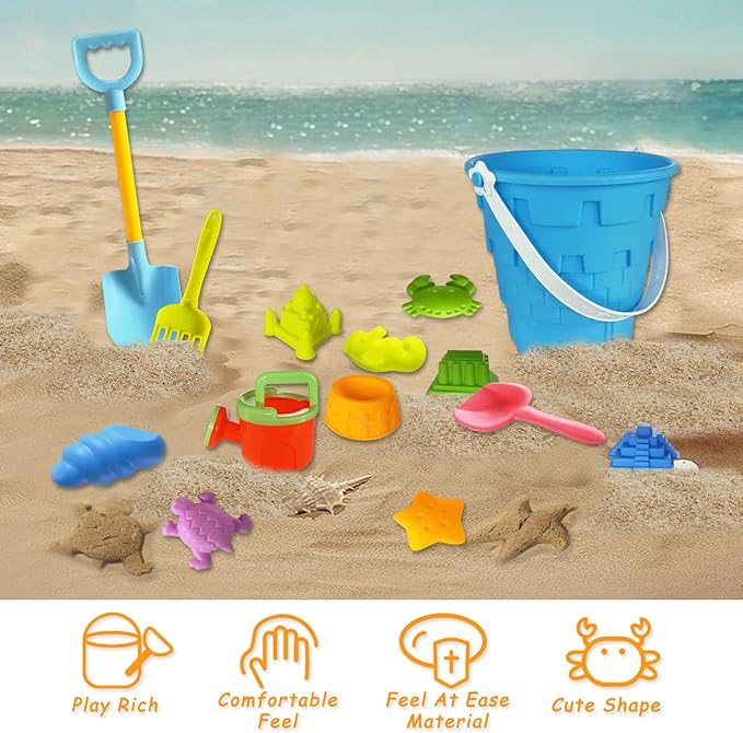 Beach Sand Toy Set for Kids, 15PCS Sand Toys with Beach Bucket, Watering Can, Big Shovel, Rake, Sea Animal Molds Sand Castle Building Kit for Boys, Girls, Toddlers