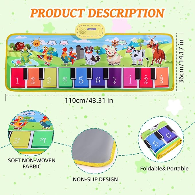 Floor Piano Mat for Toddlers,Baby Kids Sensory Educational Music Dancing Carpet,Animal Sounds Blanket,Farm Touch Musical Playmat,Christmas Birthday Learning Toys for 1 2 3 4 5 Years Old Boy Girl Gifts