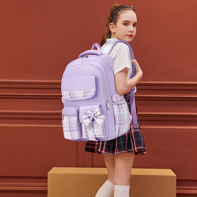 JIANYA Girls Backpack for School Kids Backpack with Lunch Box Elementary School Backpack for Girls, Bow/Purple