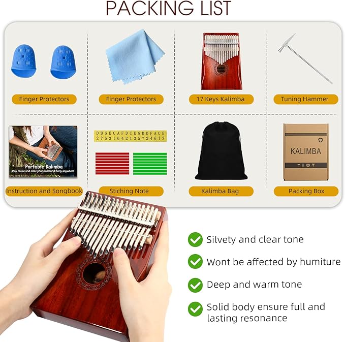 Kalimba Thumb Piano,YUNDIE Portable 17 Keys Mbira Finger Piano with Tune Hammer and Study Instruction,Musical Instruments Gift for Adult Beginners Professional(Brownish Red) (17 Keys)