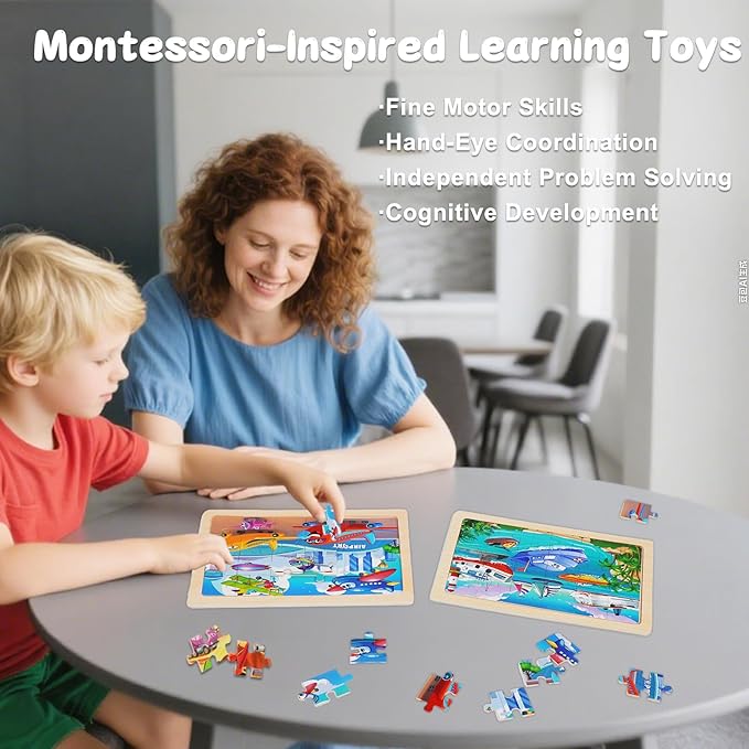 Wooden Jigsaw Puzzles for Kids Ages 3-6, 4 Pack with Vehicles Preschool Educational Toys, Toddler Puzzles Gift for 3 4 5 Year Old Boys Girls (Vehicles)