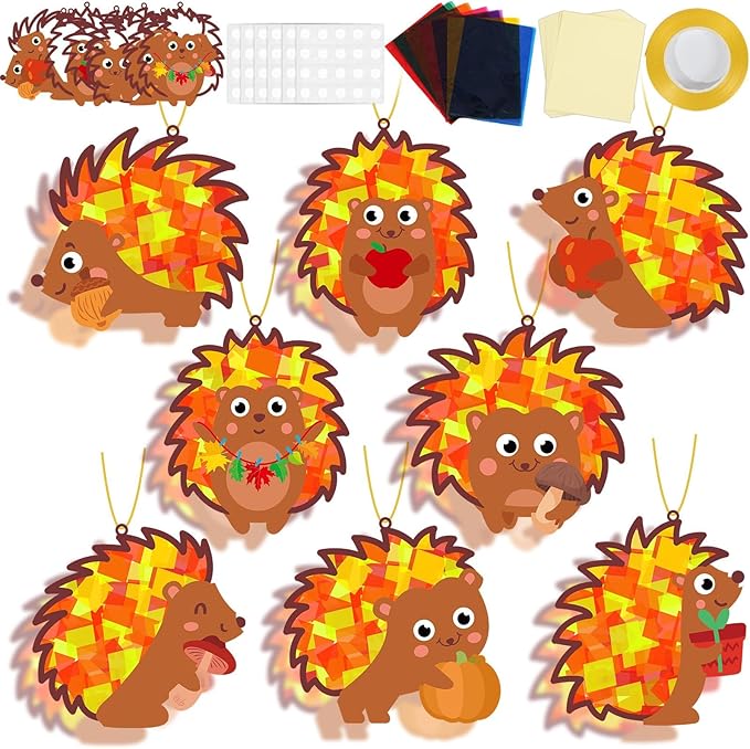 QOUBAI 32 Sets Hedgehog Suncatchers Craft Kit DIY Window Stained Glass Effect Thanksgiving Hedgehog Paper Crafts Home School Classroom Decoration Kid Birthday Gift Creative Art Project Activity Game