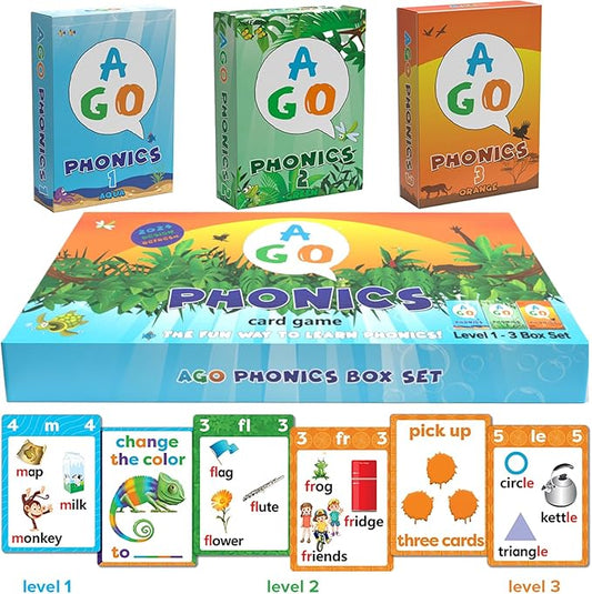 Phonics Card Game (3 Level Box Set). Build Reading Skills, Learn Words and Phonics Sounds While Playing a Fun Card Game! 3 x Playing Card Decks in a Magnetic Box