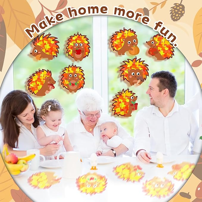 QOUBAI 32 Sets Hedgehog Suncatchers Craft Kit DIY Window Stained Glass Effect Thanksgiving Hedgehog Paper Crafts Home School Classroom Decoration Kid Birthday Gift Creative Art Project Activity Game