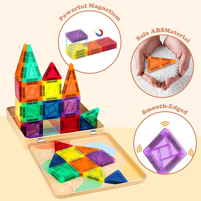 60 PCS Mini Magnetic Tiles, Travel Magnetic Tiles Magnetic Building Blocks with Iron Box, Portable Travel Toys for Kids Ages 4-8, STEM Learning Educational Construction Travel Toys for Toddlers 3+