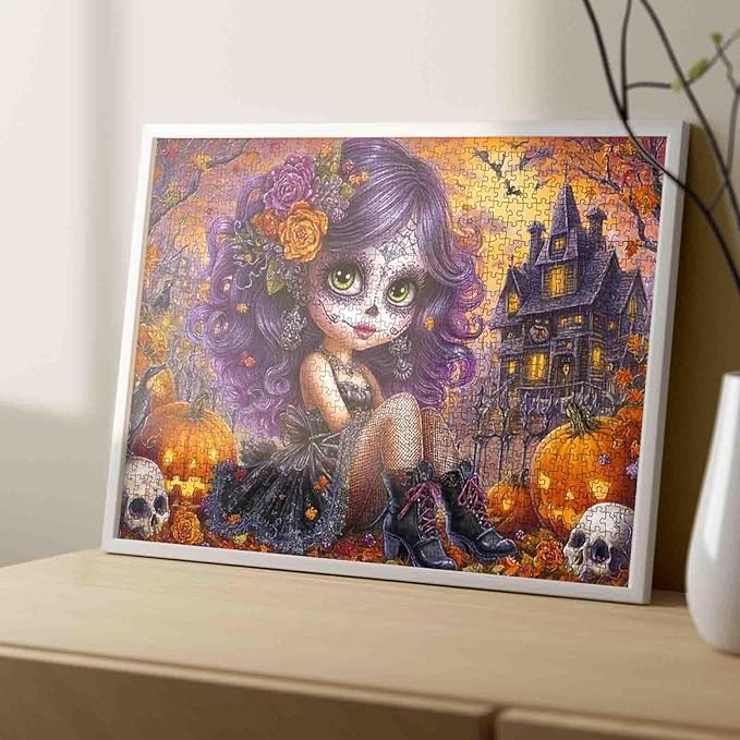 Halloween Gothic Girl Puzzle for Adults 1000 Piece Purple Hair Sugar Skull Day of The Dead Jigsaw Puzzle Spooky Haunted House Puzzle Fall Aesthetic Decorative Puzzles Gift for Women Family Fun Game