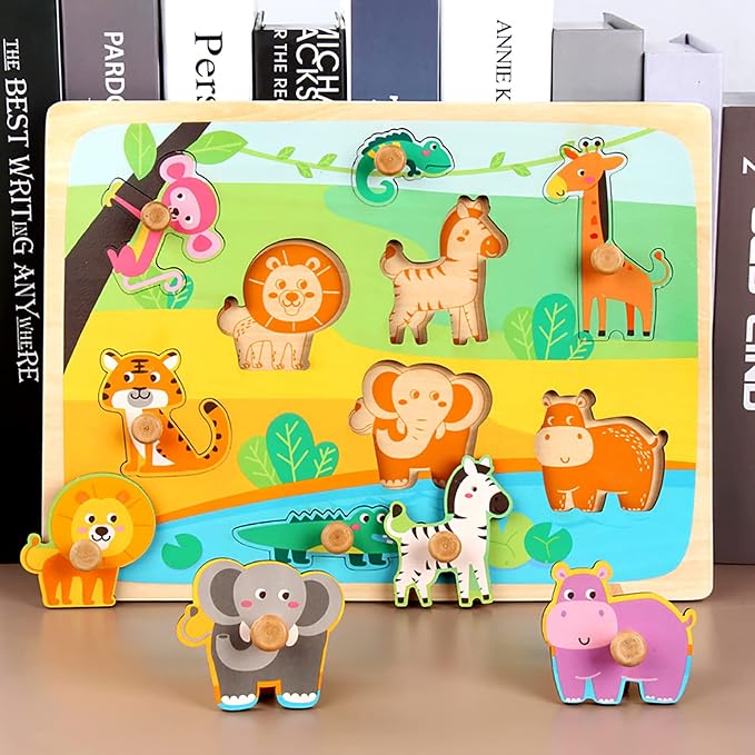 Wooden Puzzles for Toddler Peg Puzzle Toys, Wooden Jigsaw Puzzles Zoo Animal Patterns Puzzle with Handles Educational Montessori Puzzles