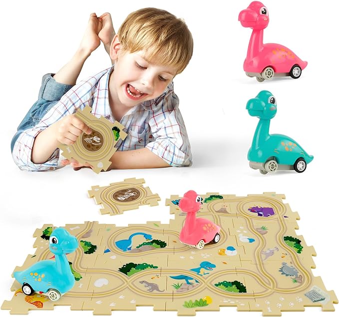 Puzzle Racer Kids Car Track Set with 2 Dino Cars, Kids Toys for 3-5 Year Old Boys, Montessori Toys for 3+ Year Old