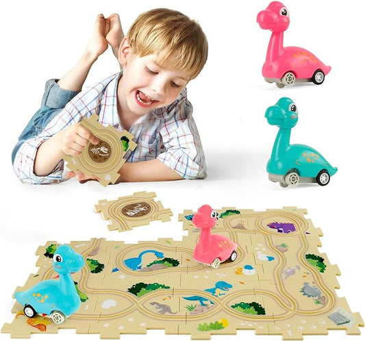 Puzzle Racer Kids Car Track Set with 2 Dino Cars, Kids Toys for 3-5 Year Old Boys, Montessori Toys for 3+ Year Old