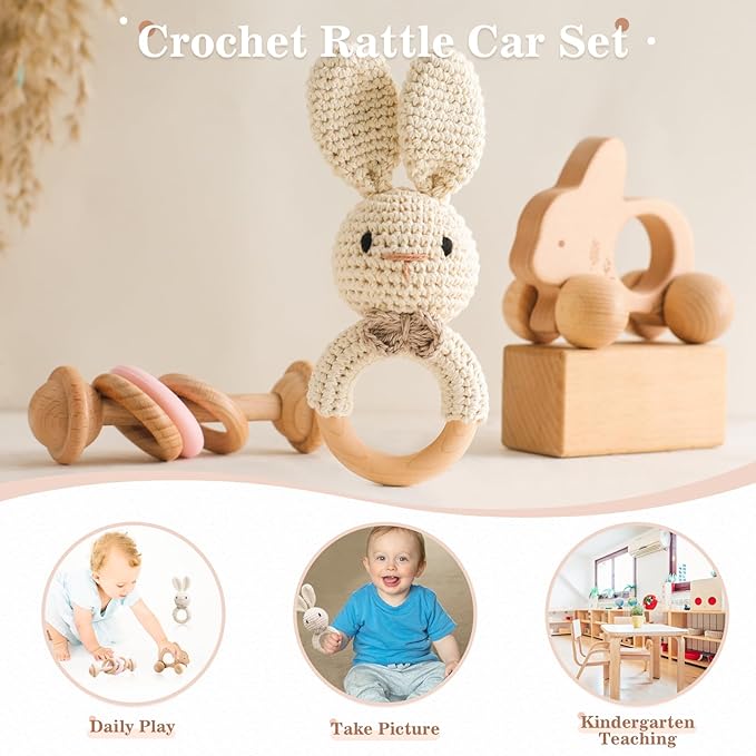 Wooden Baby Rattle 3 PCS Push Car Rattle Set Crochet Rattle Ring Wooden Montessori Toy for Newborn Infant Baby Gifts (Rabbit Rattle)