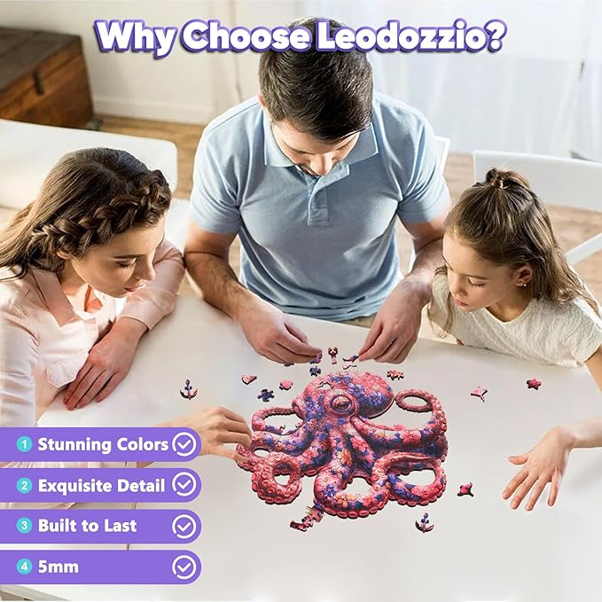 Leodozzio Wooden Puzzles for Adults, Pink Flower Octopus Jigsaw Puzzles 500 Pieces-5MM Thickness, 16.9x16.6 Inch, Unique Shaped Wooden Puzzle, Birthday Gift Family Game