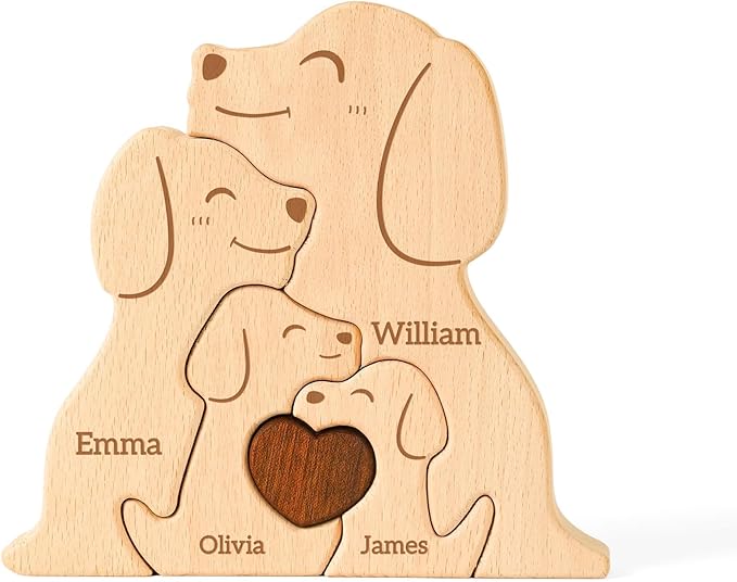 Wooden Dogs Family Puzzle, Personalized Puzzles with 2–5 Names, Father's Day Personalized Gifts for Mom Dad Kids Teen Boys Girls Grandma, Toddler Men Mother's Day Birthday