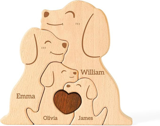 Wooden Dogs Family Puzzle, Personalized Puzzles with 2–5 Names, Father's Day Personalized Gifts for Mom Dad Kids Teen Boys Girls Grandma, Toddler Men Mother's Day Birthday