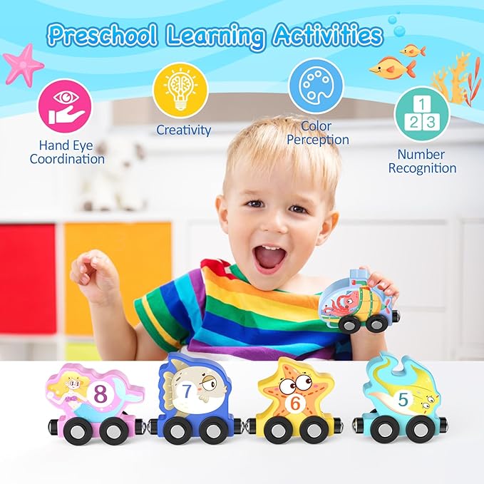 Toys for Toddlers, 11 Magnetic Wooden Sea Animals Train Set, Montessori Toys for Toddlers, Educational Activities for Kids, Birthday Gifts for Boys, Girls