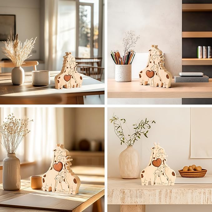 Wooden Giraffe Family Puzzle Games, Personalized 4 Name Puzzle for Home Crafts Decor, House Warming Birthday Party Gifts for Mom Dad Grandma Kids New Baby, Wooden Bear Family