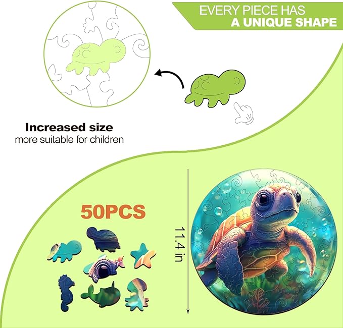 Wooden Puzzles for Kids Ages 4-8, Sea Turtle Puzzle, Unique Animal Shaped Wooden Jigsaw Puzzles for Kid, 50 Pieces Puzzles for Kids(50pcs,11.4 * 11.4in)