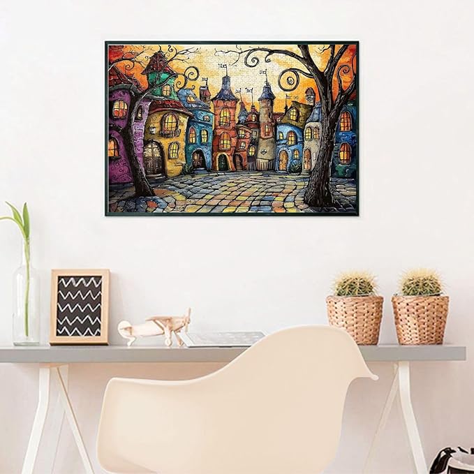 Fairytale House Puzzle 1000 Pieces，Colorful Houses Puzzles for Adults 1000 Pieces, Fairy Tale Town Puzzles，Charm Town Whimsical Jigsaw Puzzle,Magic Puzzle Art，Challenging for Night Game