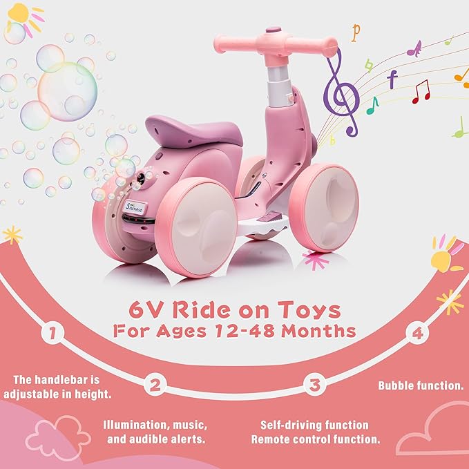 6V Electric Baby Balance Bike with Bubble Machine,4 in 1 Toddler Balance Bike w/Remote for 1 Year Old Boys Girls Kids Bubble Bike Ride on Toys w/Powered Motor,Music,LED Lights (Purple)
