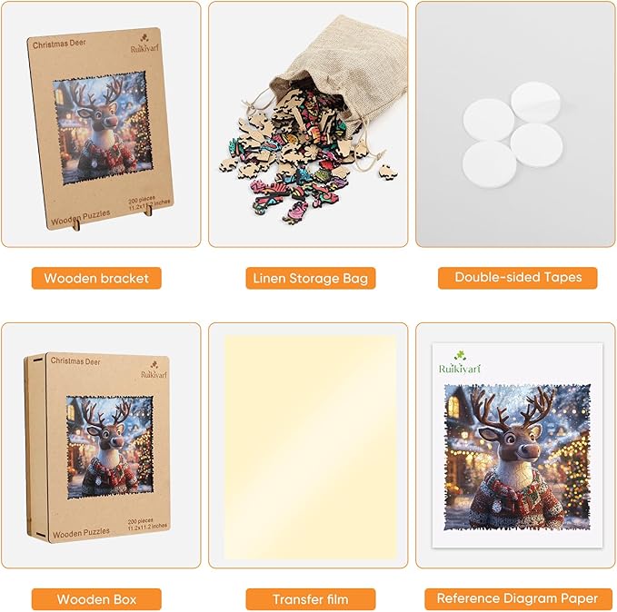 Ruikiyart Wooden Puzzles for Adults, Christmas Sweater Deer 200 Pieces Wooden Jigsaw Puzzles, Unique Shapes Pieces Christmas Deer Puzzle Great Gift for Kids and Adults (11.2"x11.2")