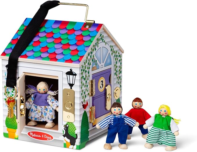 Melissa & Doug Take-Along Wooden Doorbell Dollhouse - Doorbell Sounds, Keys, 4 Poseable Wooden Dolls Portable Doll House, Doorbell House for Kids Ages 3+
