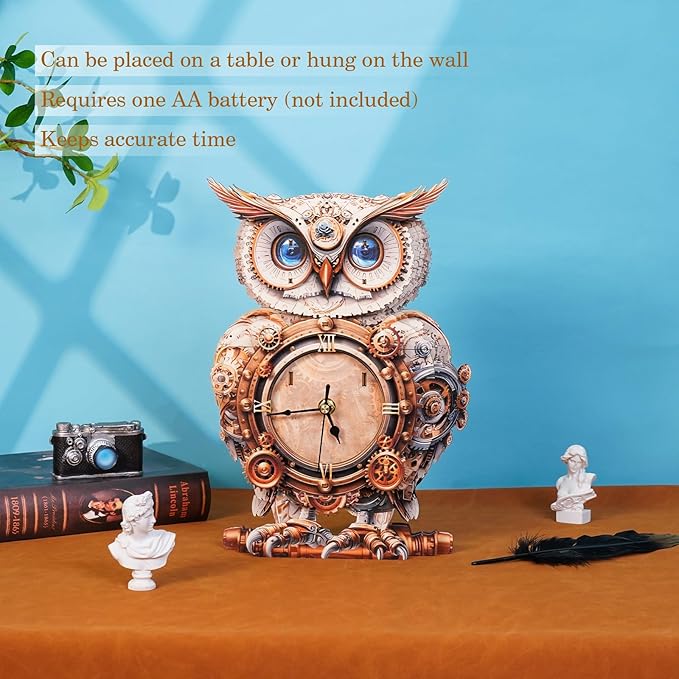 3D Puzzles for Adults Clock-Mechanical Owl Design Model Kit-Mechanical DIY Pendulum Clock with Roman Numerals-Desk Home Office Decor Personalized Gift for DIY Lovers