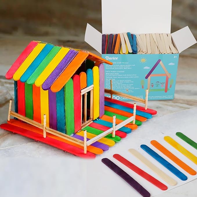Darice Popsicle Sticks for Crafts, 4.5" 1000 Pcs Combo - 500 Pcs Colored Wooden Rainbow Craft Sticks - 500 Pcs Natural Color Waxing Sticks - Classroom Supplies, STEM DIY Art, Ages 3+